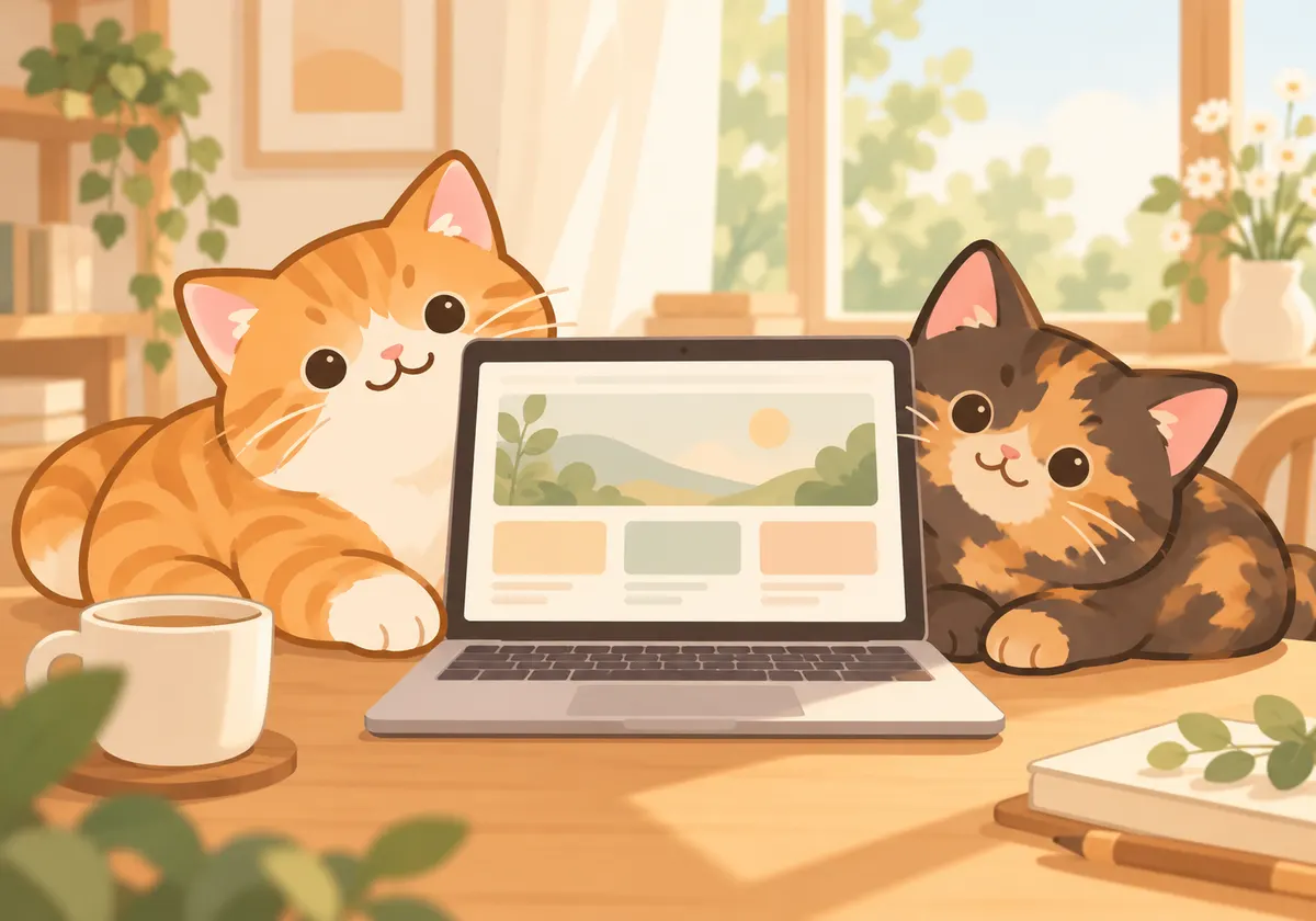 ノートパソコンのそばに寄り添う茶トラ猫とサビ猫のイラスト