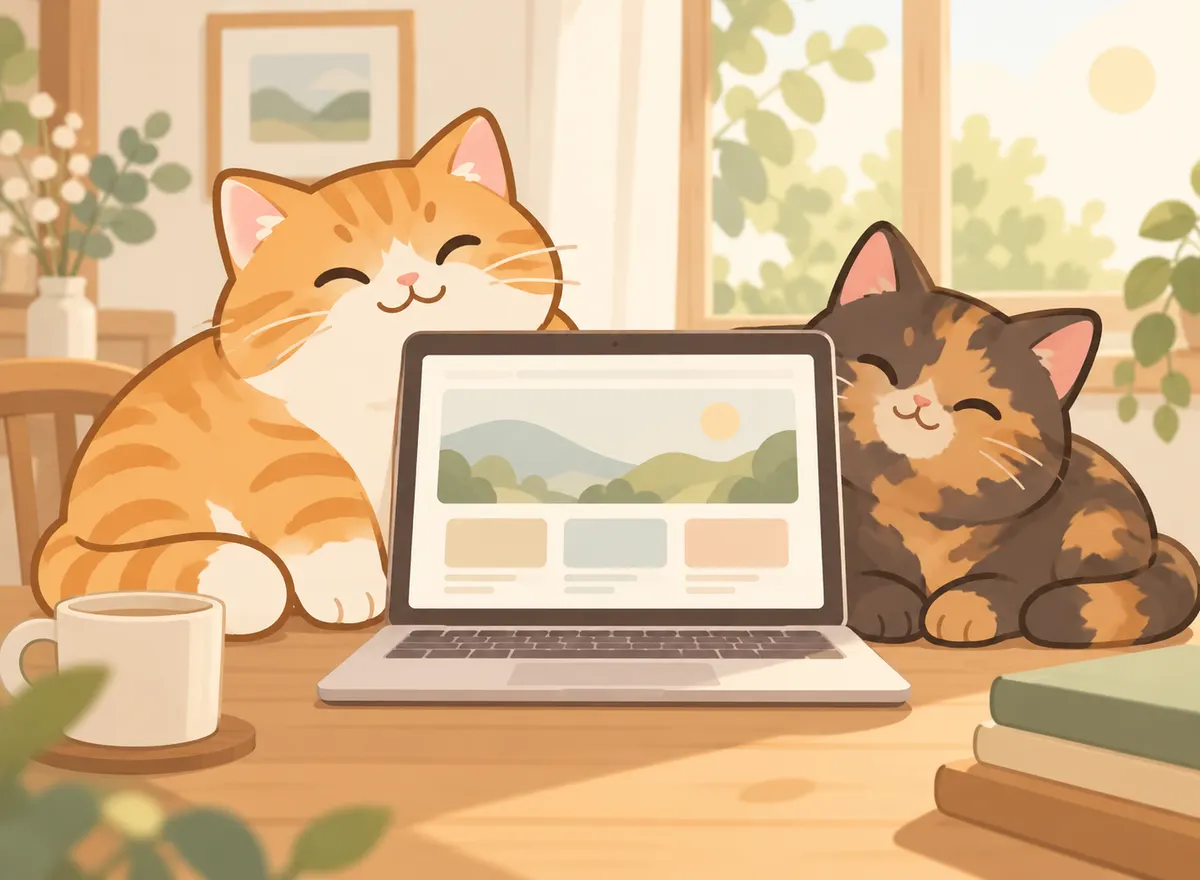 ホームページ画面のそばに座る茶トラ猫とサビ猫のイラスト